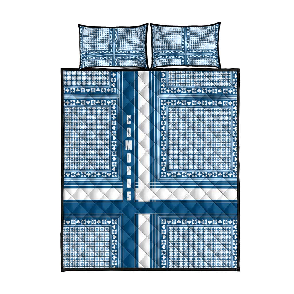 Comoros Quilt Bed Set - Blue and White Traditional Geometric Pattern and National Flag Detail