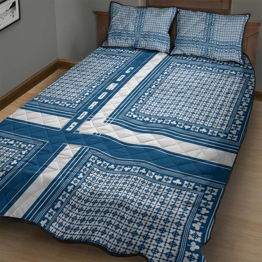 Comoros Quilt Bed Set - Blue and White Traditional Geometric Pattern and National Flag Detail