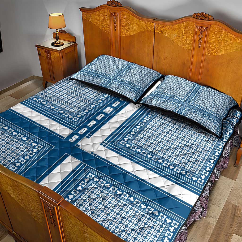 Comoros Quilt Bed Set - Blue and White Traditional Geometric Pattern and National Flag Detail