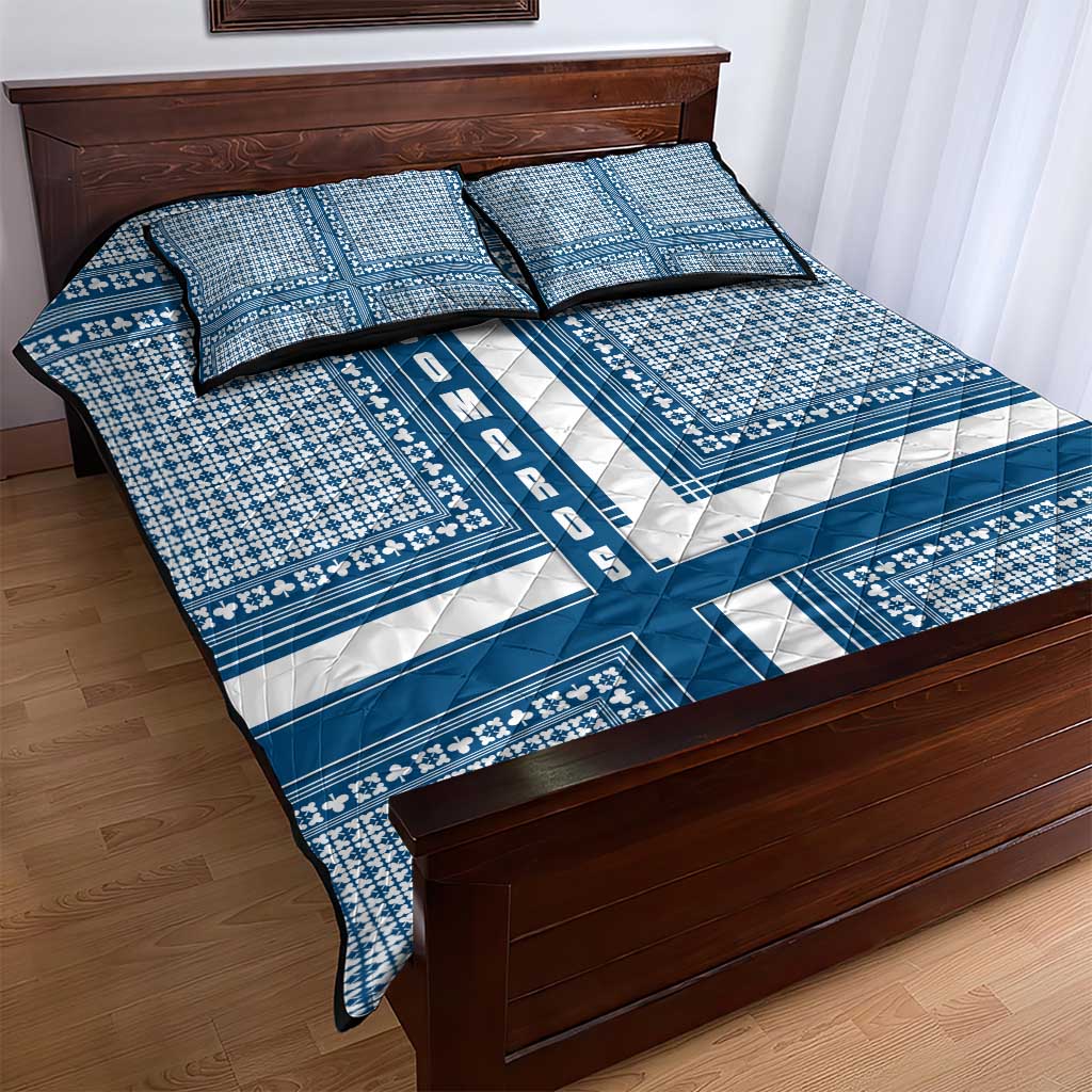 Comoros Quilt Bed Set - Blue and White Traditional Geometric Pattern and National Flag Detail