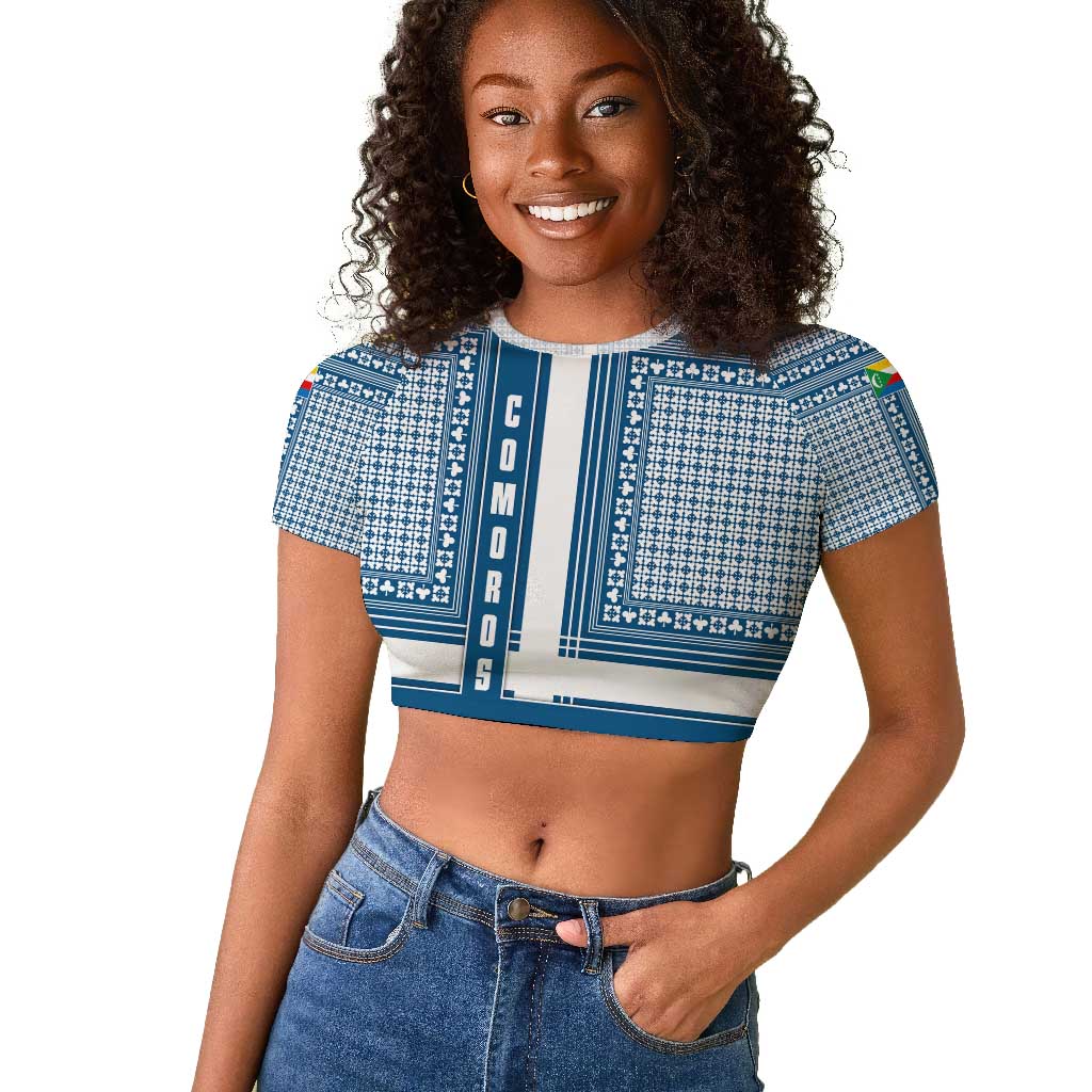 Comoros Raglan Cropped T shirt - Blue and White Traditional Geometric Pattern and National Flag Detail