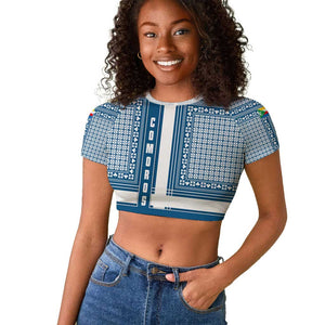 Comoros Raglan Cropped T shirt - Blue and White Traditional Geometric Pattern and National Flag Detail
