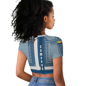 Comoros Raglan Cropped T shirt - Blue and White Traditional Geometric Pattern and National Flag Detail