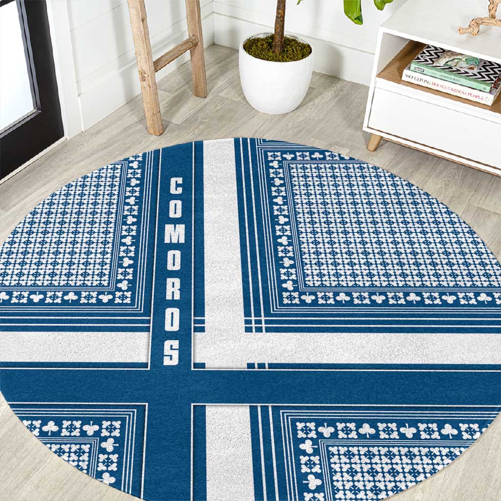 Comoros Round Carpet - Blue and White Traditional Geometric Pattern and National Flag Detail