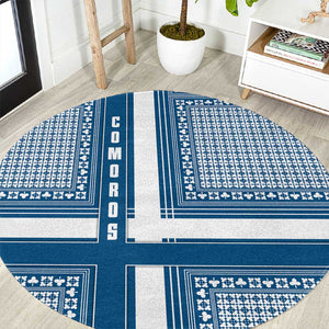 Comoros Round Carpet - Blue and White Traditional Geometric Pattern and National Flag Detail