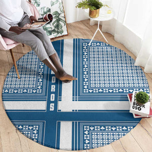 Comoros Round Carpet - Blue and White Traditional Geometric Pattern and National Flag Detail