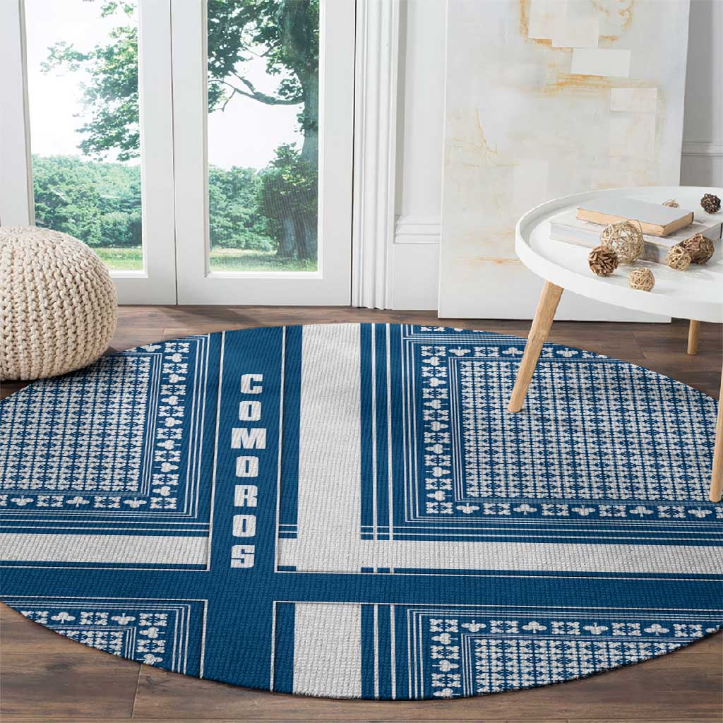 Comoros Round Carpet - Blue and White Traditional Geometric Pattern and National Flag Detail