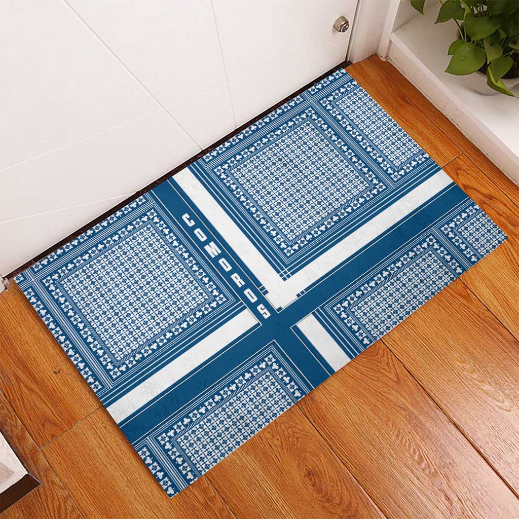 Comoros Rubber Doormat - Blue and White Traditional Geometric Pattern and National Flag Detail
