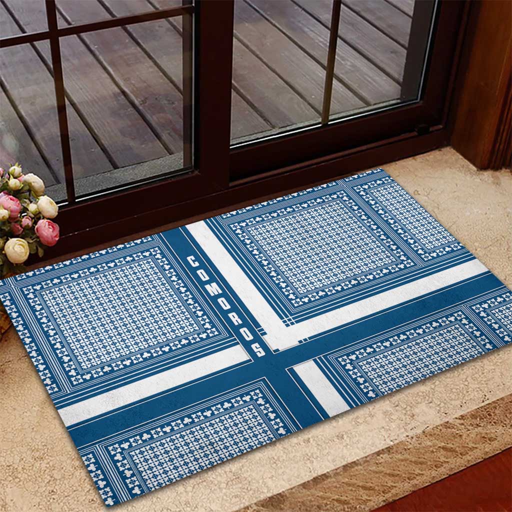 Comoros Rubber Doormat - Blue and White Traditional Geometric Pattern and National Flag Detail