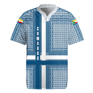 Comoros Rugby Jersey - Blue and White Traditional Geometric Pattern and National Flag Detail