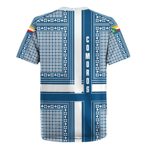 Comoros Rugby Jersey - Blue and White Traditional Geometric Pattern and National Flag Detail