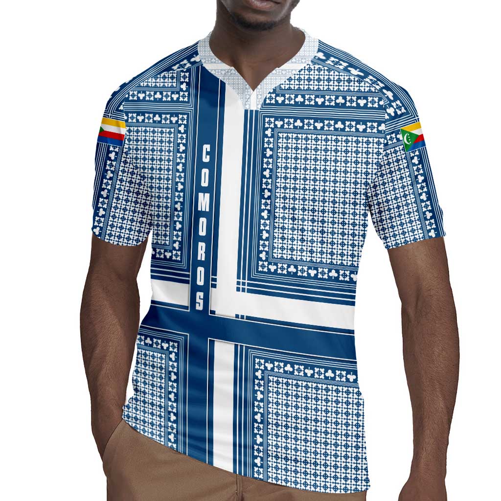 Comoros Rugby Jersey - Blue and White Traditional Geometric Pattern and National Flag Detail