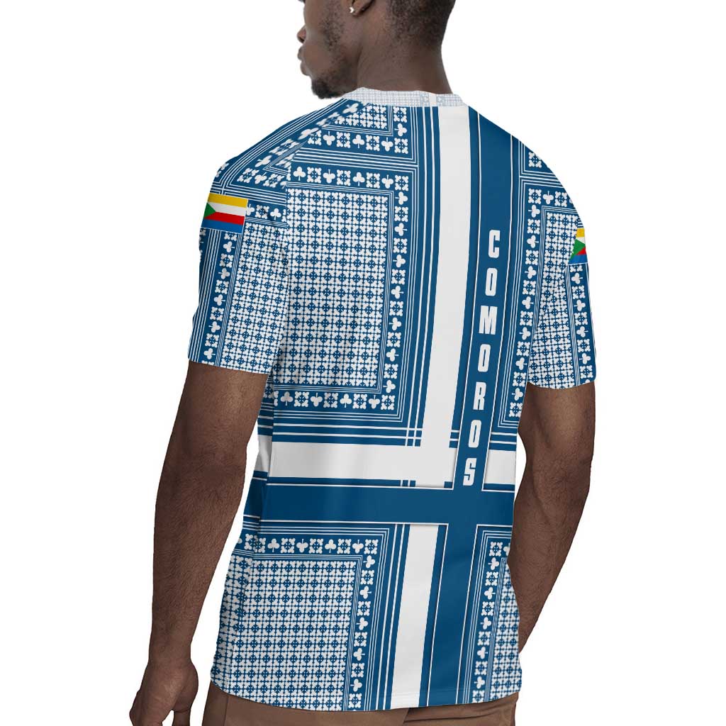Comoros Rugby Jersey - Blue and White Traditional Geometric Pattern and National Flag Detail