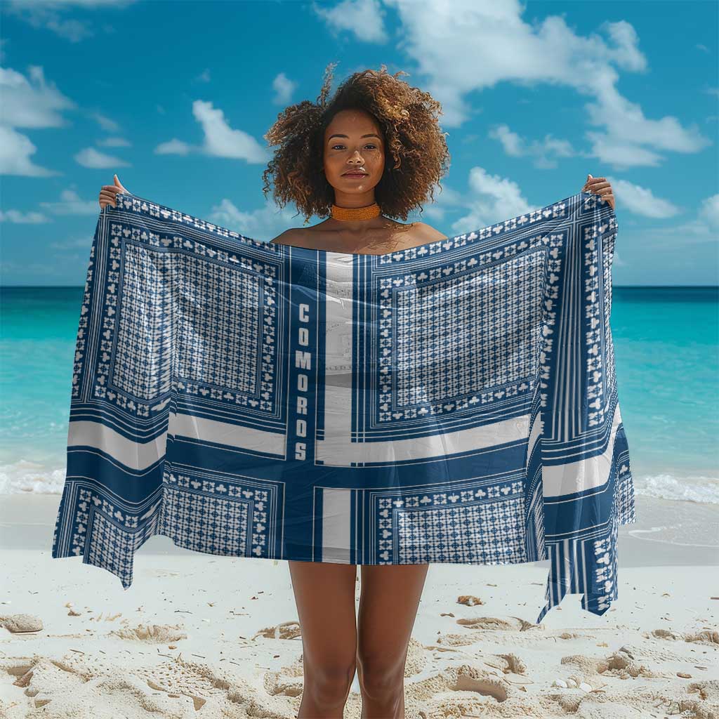 Comoros Sarong - Blue and White Traditional Geometric Pattern and National Flag Detail