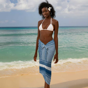 Comoros Sarong - Blue and White Traditional Geometric Pattern and National Flag Detail
