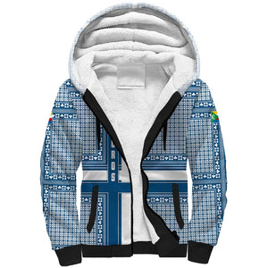 Comoros Sherpa Hoodie - Blue and White Traditional Geometric Pattern and National Flag Detail