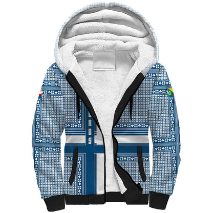 Comoros Sherpa Hoodie - Blue and White Traditional Geometric Pattern and National Flag Detail