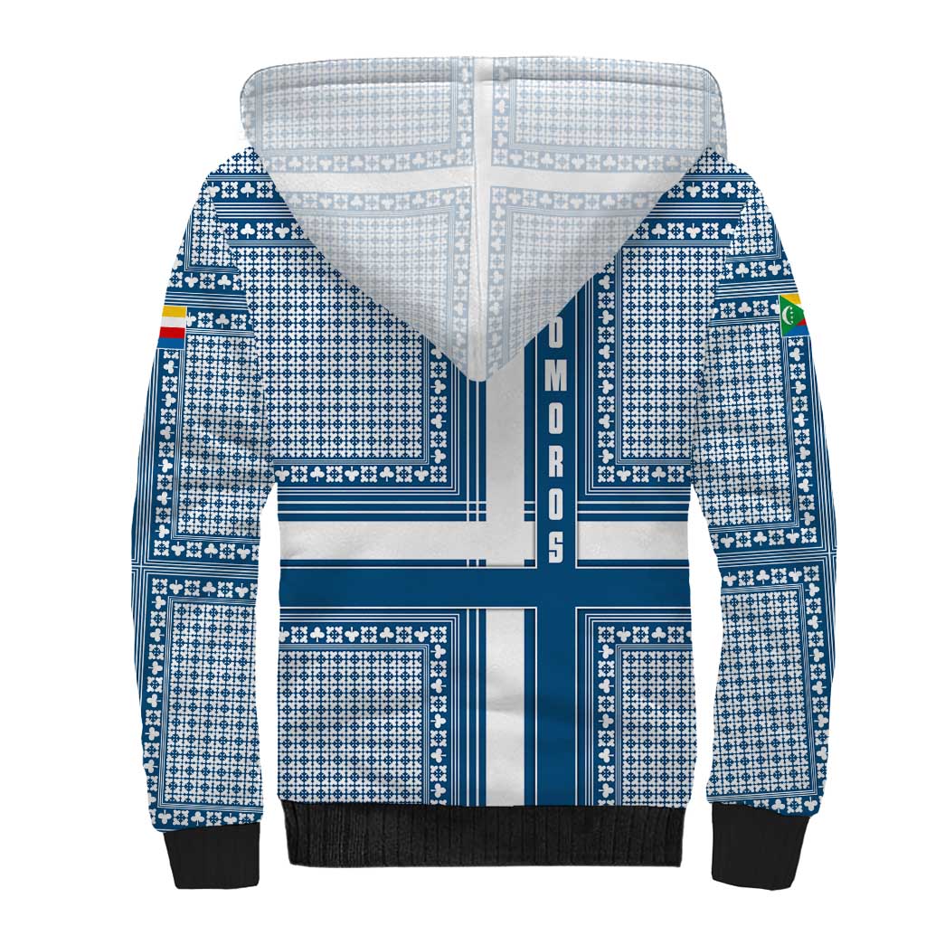Comoros Sherpa Hoodie - Blue and White Traditional Geometric Pattern and National Flag Detail