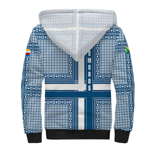 Comoros Sherpa Hoodie - Blue and White Traditional Geometric Pattern and National Flag Detail