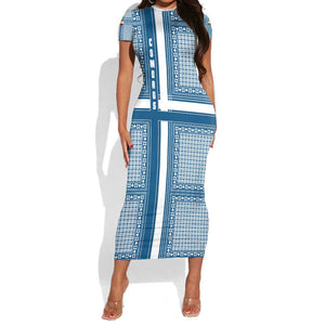 Comoros Short Sleeve Bodycon Dress - Blue and White Traditional Geometric Pattern and National Flag Detail TS04