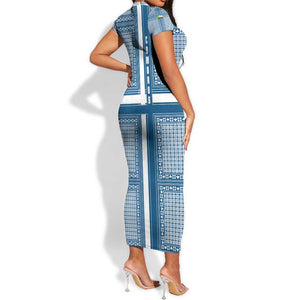 Comoros Short Sleeve Bodycon Dress - Blue and White Traditional Geometric Pattern and National Flag Detail TS04