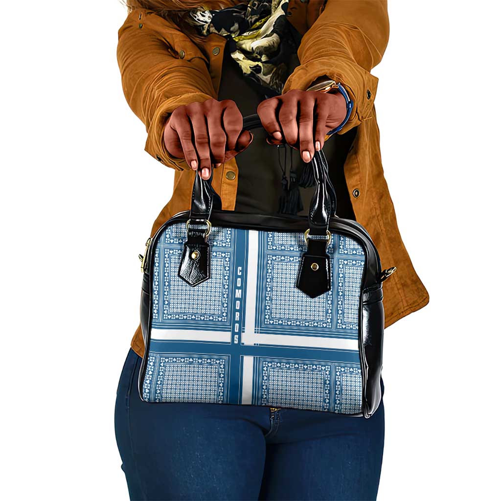 Comoros Shoulder Handbag - Blue and White Traditional Geometric Pattern and National Flag Detail