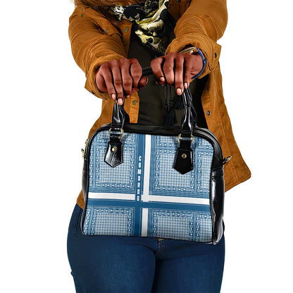 Comoros Shoulder Handbag - Blue and White Traditional Geometric Pattern and National Flag Detail