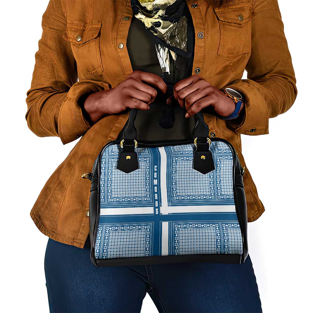 Comoros Shoulder Handbag - Blue and White Traditional Geometric Pattern and National Flag Detail