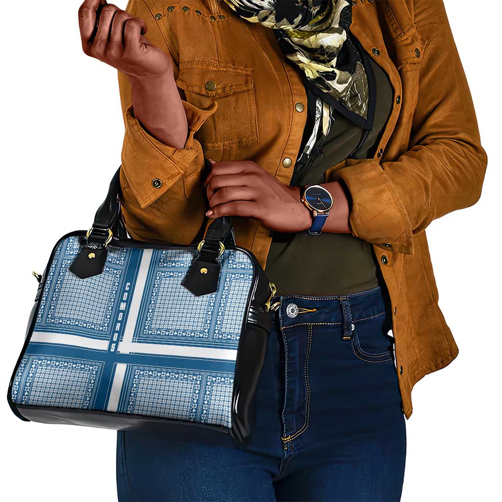 Comoros Shoulder Handbag - Blue and White Traditional Geometric Pattern and National Flag Detail