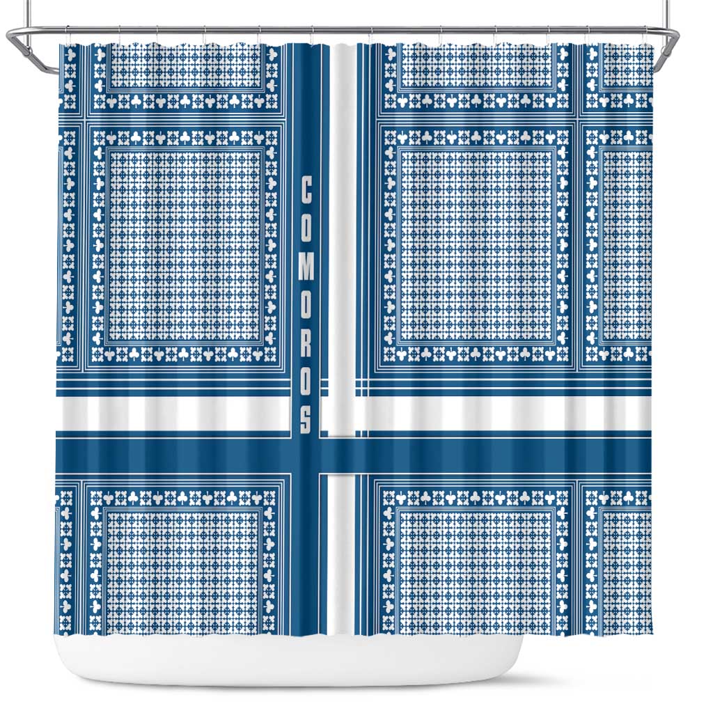 Comoros Shower Curtain - Blue and White Traditional Geometric Pattern and National Flag Detail