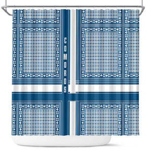 Comoros Shower Curtain - Blue and White Traditional Geometric Pattern and National Flag Detail