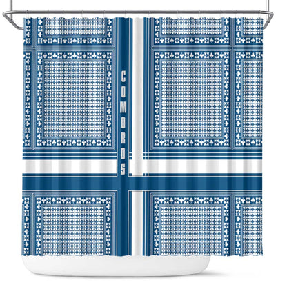 Comoros Shower Curtain - Blue and White Traditional Geometric Pattern and National Flag Detail