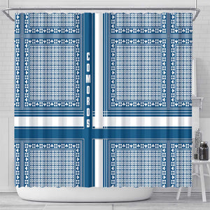 Comoros Shower Curtain - Blue and White Traditional Geometric Pattern and National Flag Detail