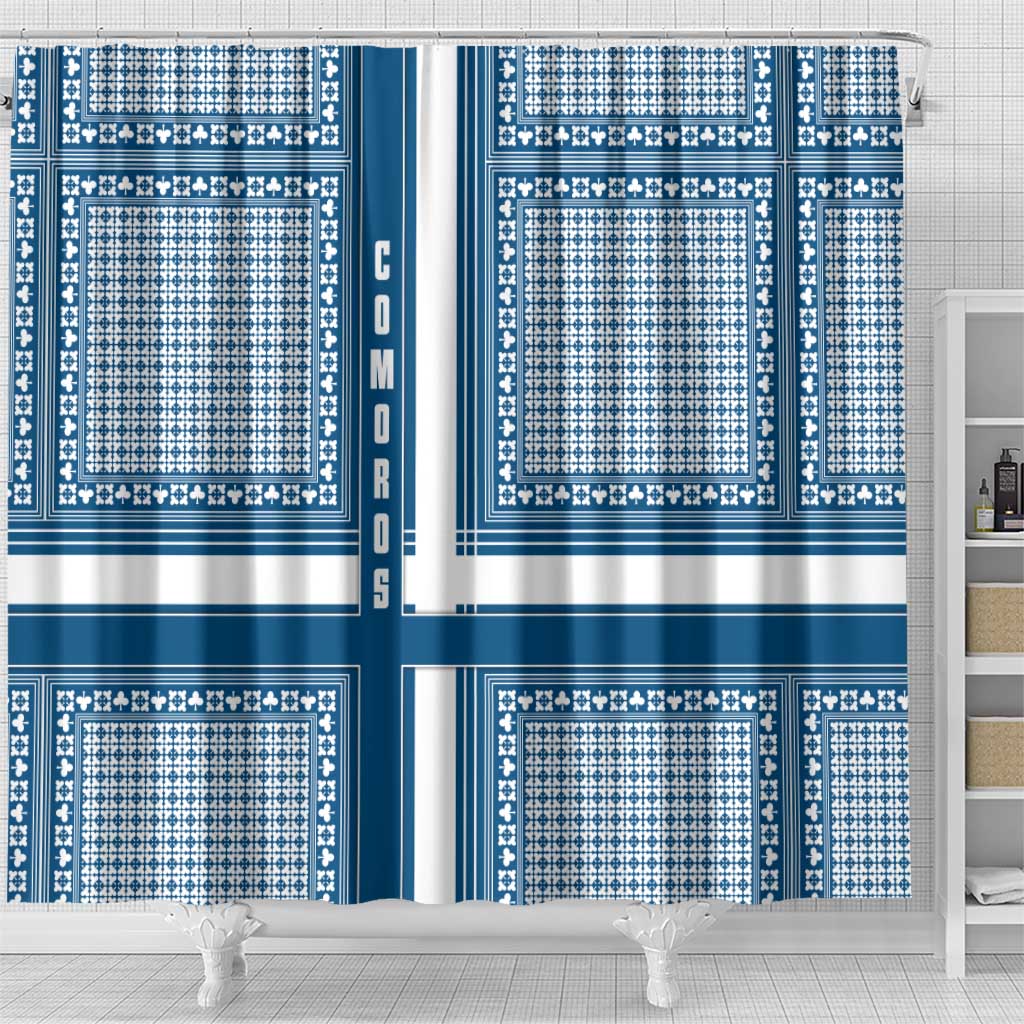 Comoros Shower Curtain - Blue and White Traditional Geometric Pattern and National Flag Detail