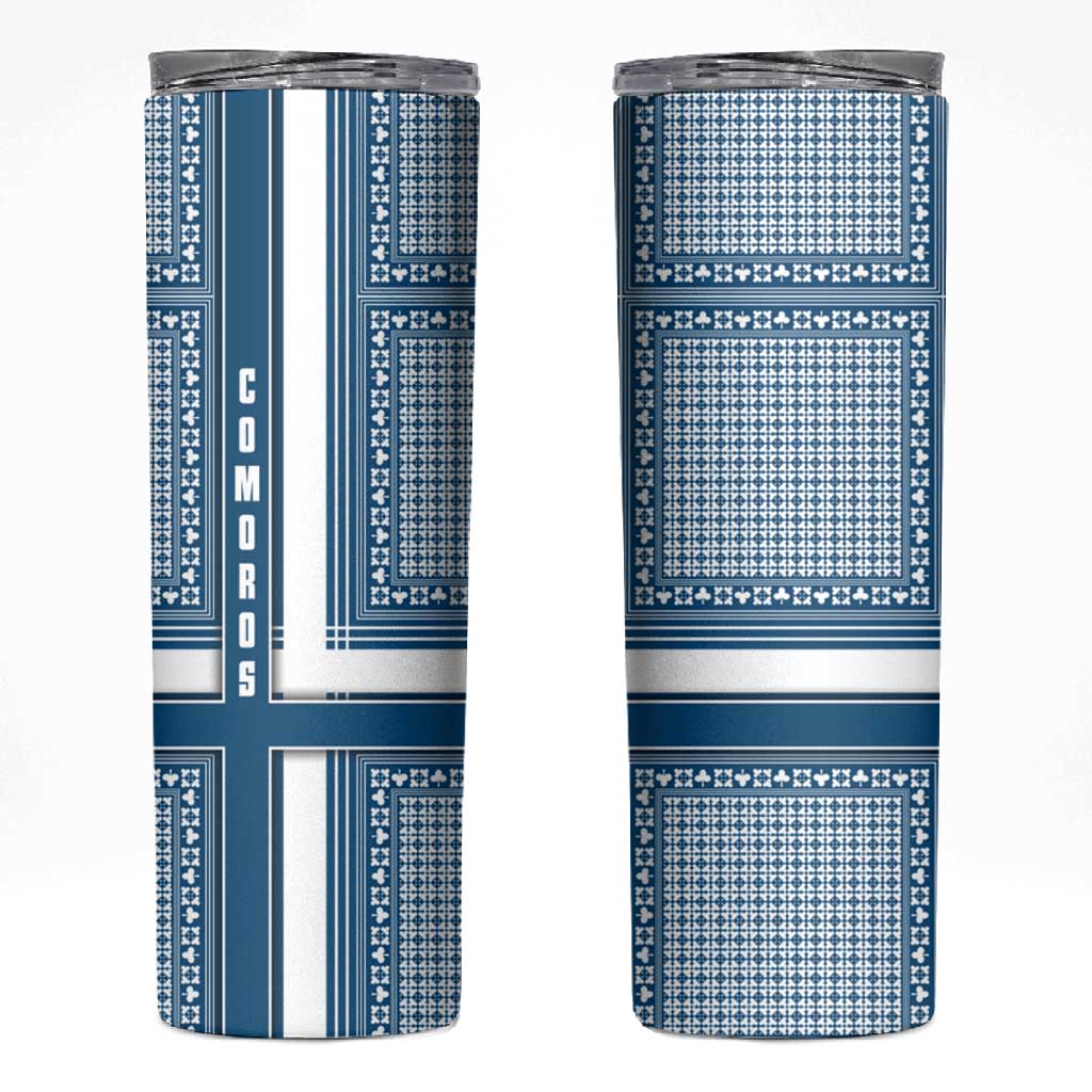 Comoros Skinny Tumbler - Blue and White Traditional Geometric Pattern and National Flag Detail