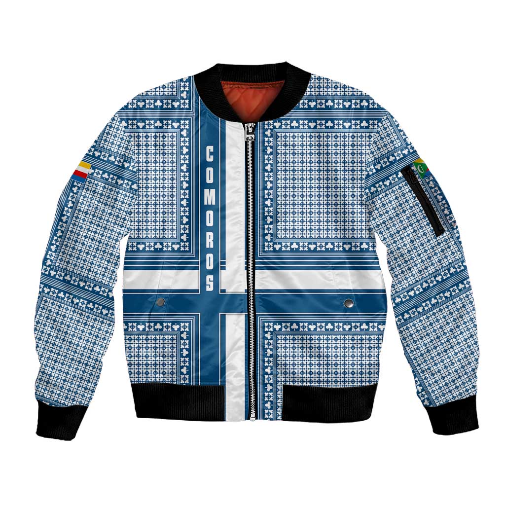 Comoros Sleeve Zip Bomber Jacket - Blue and White Traditional Geometric Pattern and National Flag Detail