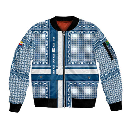 Comoros Sleeve Zip Bomber Jacket - Blue and White Traditional Geometric Pattern and National Flag Detail