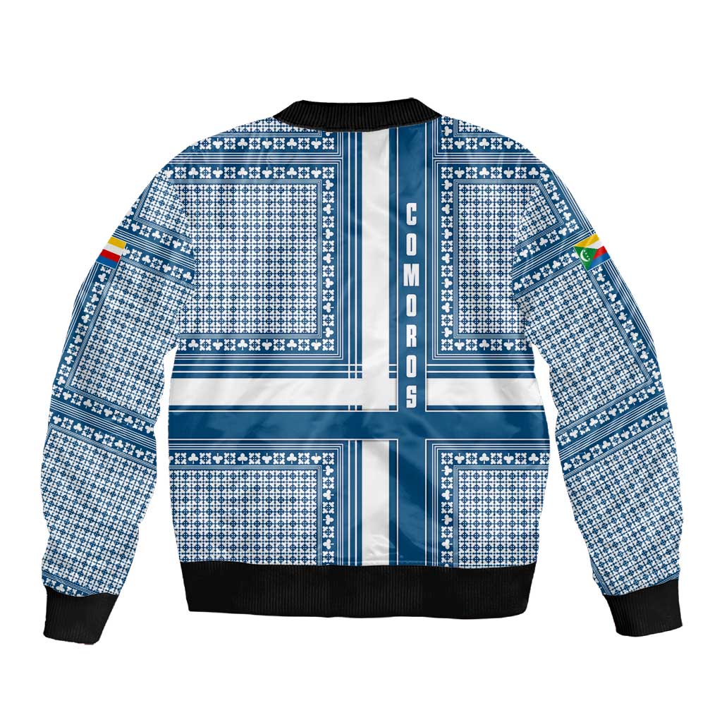 Comoros Sleeve Zip Bomber Jacket - Blue and White Traditional Geometric Pattern and National Flag Detail