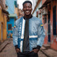 Comoros Sleeve Zip Bomber Jacket - Blue and White Traditional Geometric Pattern and National Flag Detail
