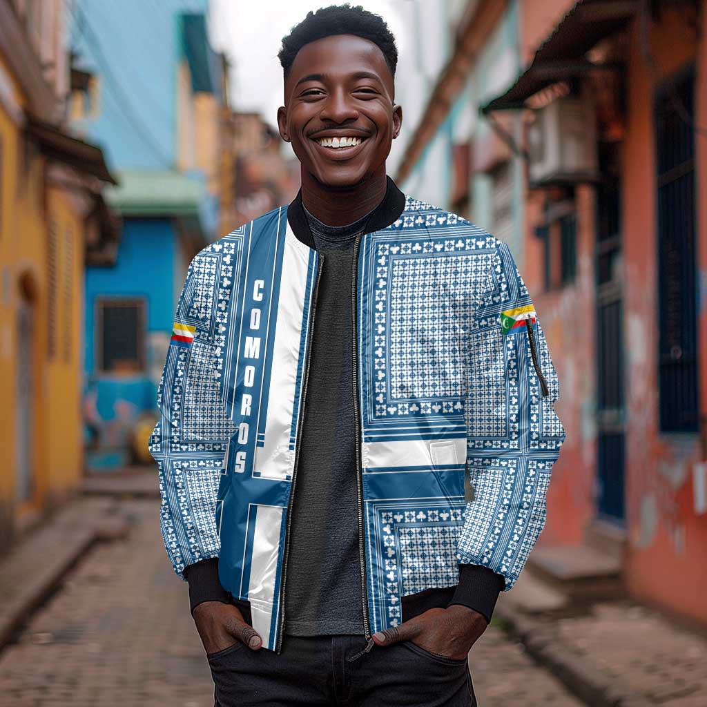 Comoros Sleeve Zip Bomber Jacket - Blue and White Traditional Geometric Pattern and National Flag Detail