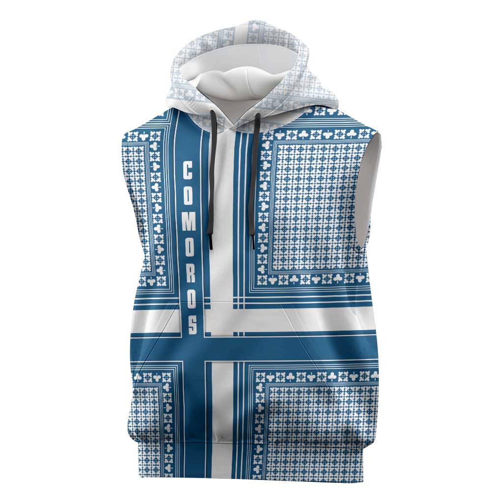 Comoros Sleeveless Hoodie - Blue and White Traditional Geometric Pattern and National Flag Detail - African Pride