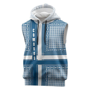 Comoros Sleeveless Hoodie - Blue and White Traditional Geometric Pattern and National Flag Detail - African Pride