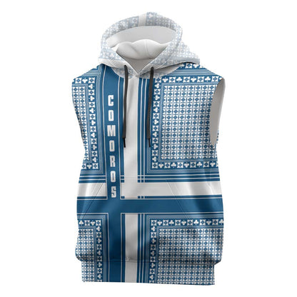 Comoros Sleeveless Hoodie - Blue and White Traditional Geometric Pattern and National Flag Detail - African Pride