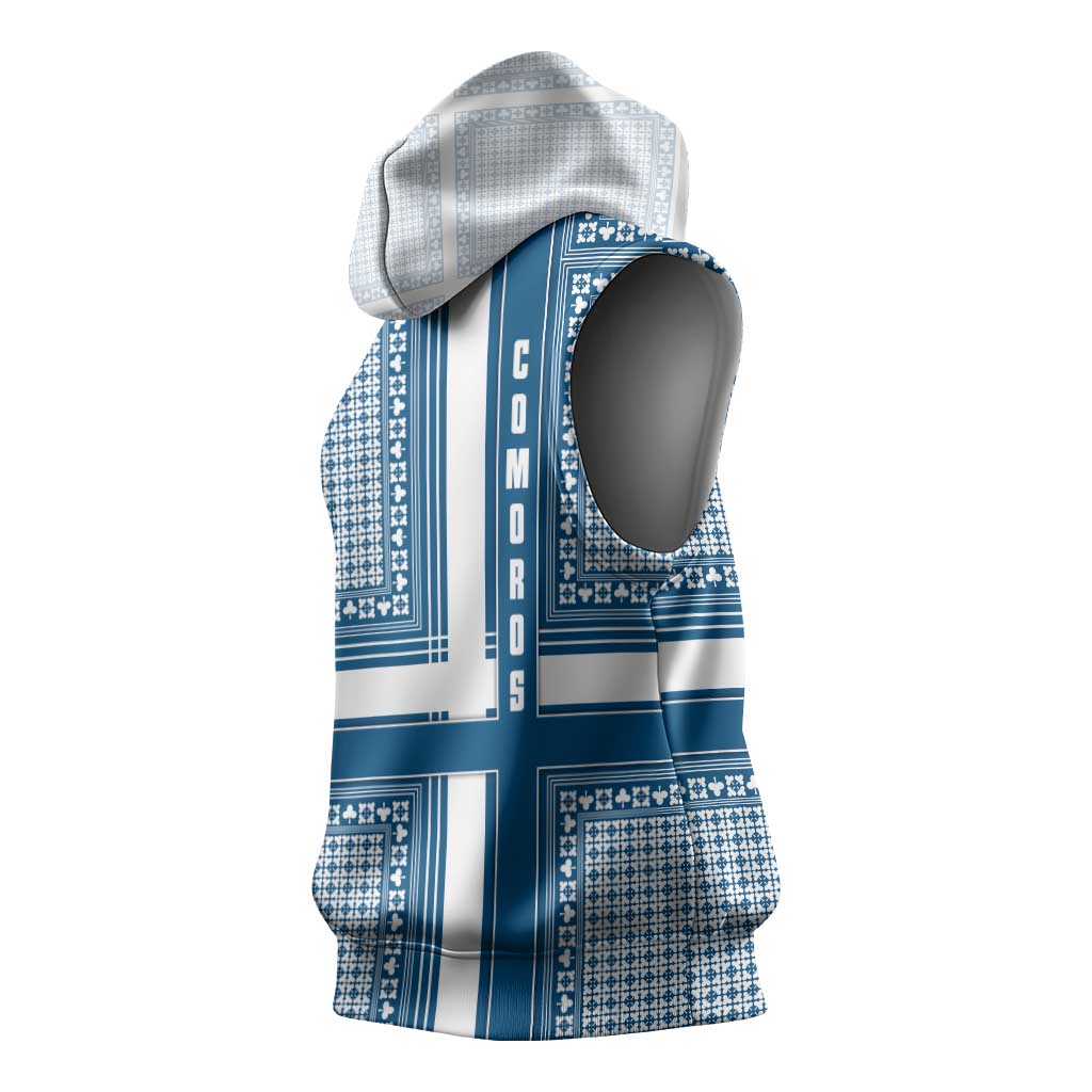 Comoros Sleeveless Hoodie - Blue and White Traditional Geometric Pattern and National Flag Detail - African Pride