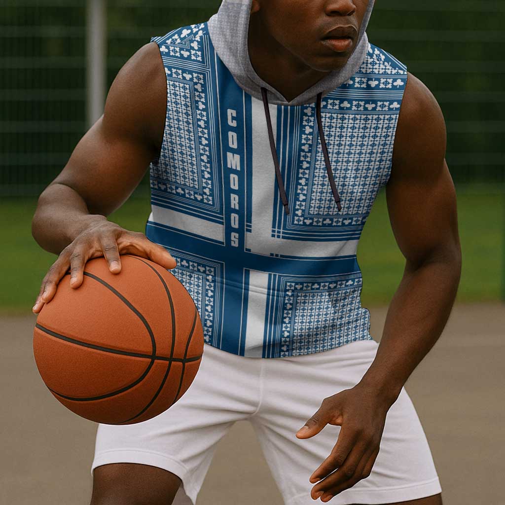 Comoros Sleeveless Hoodie - Blue and White Traditional Geometric Pattern and National Flag Detail - African Pride