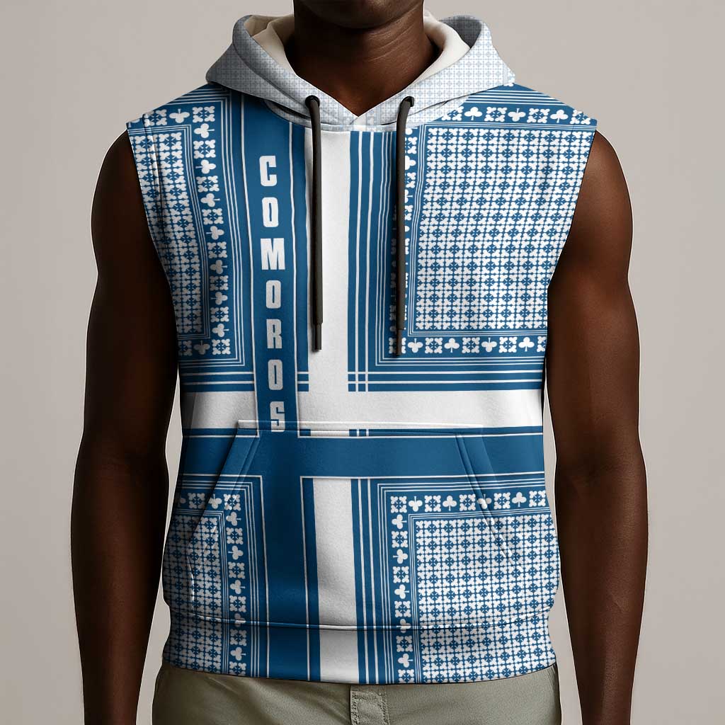 Comoros Sleeveless Hoodie - Blue and White Traditional Geometric Pattern and National Flag Detail - African Pride