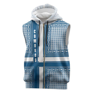Comoros Sleeveless Zip Hoodie - Blue and White Traditional Geometric Pattern and National Flag Detail - African Pride
