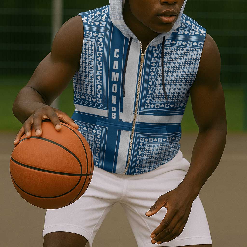 Comoros Sleeveless Zip Hoodie - Blue and White Traditional Geometric Pattern and National Flag Detail - African Pride