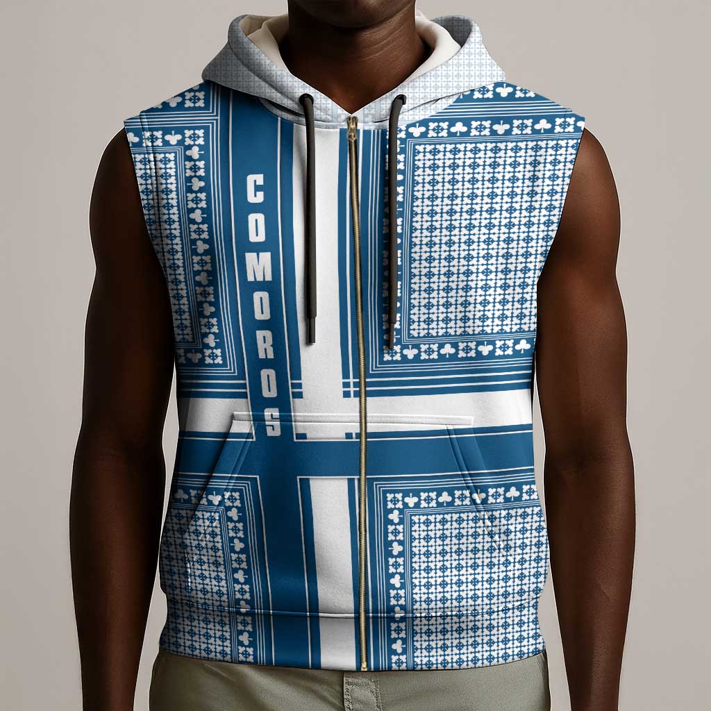 Comoros Sleeveless Zip Hoodie - Blue and White Traditional Geometric Pattern and National Flag Detail - African Pride