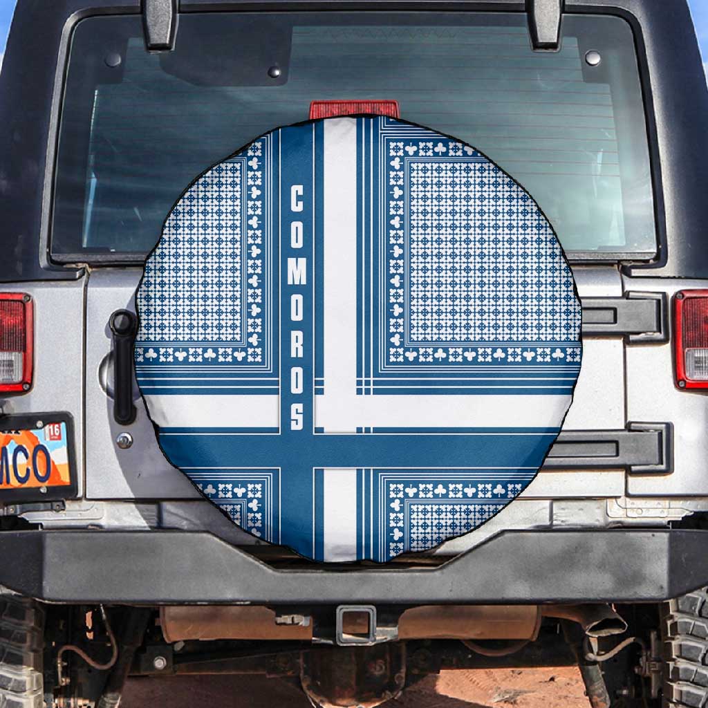 Comoros Spare Tire Cover - Blue and White Traditional Geometric Pattern and National Flag Detail